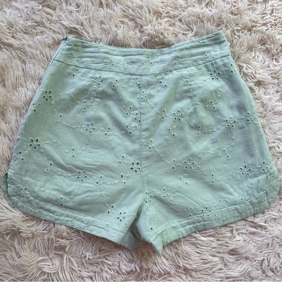 ZARA Embroidered Eyelet Shorts Mint Green Cotton High Waisted Pockets size XS - Picture 8 of 10